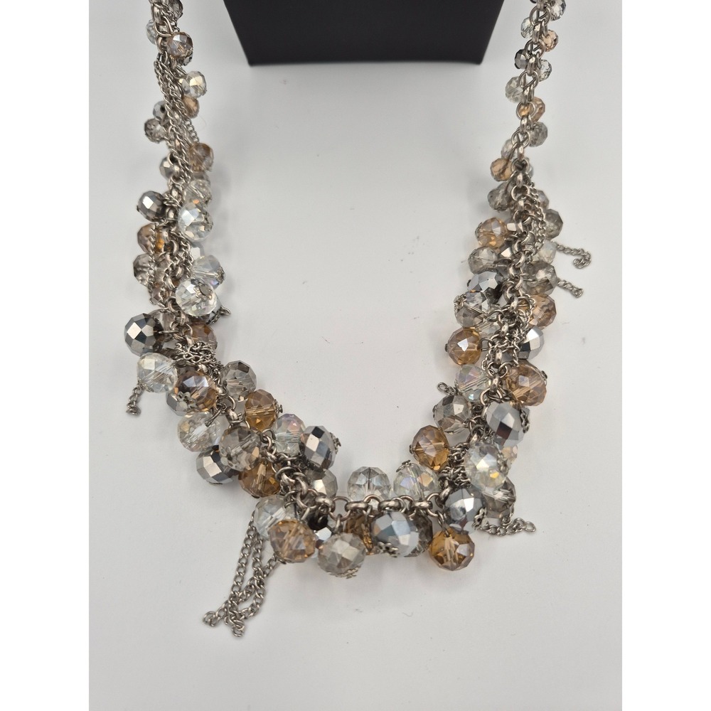 Beaded Cluster Tassel Bib Necklace Silver Champagne Grey Sparkly Statement